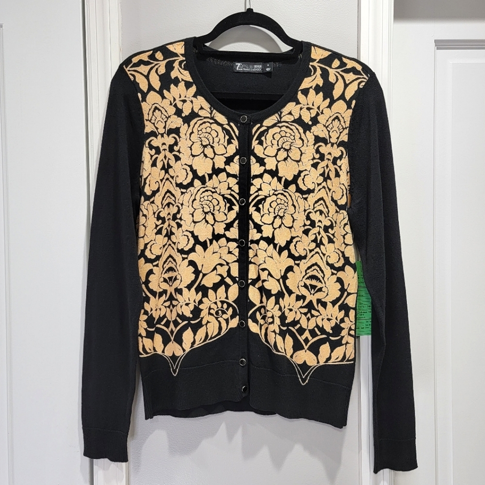7th Avenue Chelsea Front Floral Print Long Sleeve Crewneck Cardigan